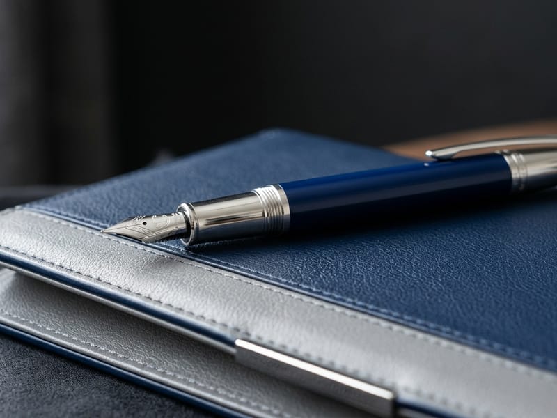 An elegant fountain pen resting on a fine leather portfolio, in royal blue and silver-gray tones
