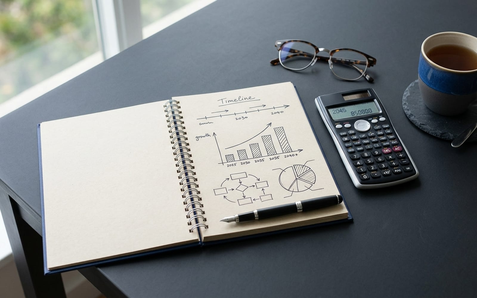 Overhead view of a retirement planning conversation: a notebook with hand-drawn charts, a calculator, and reading glasses on a charcoal desk