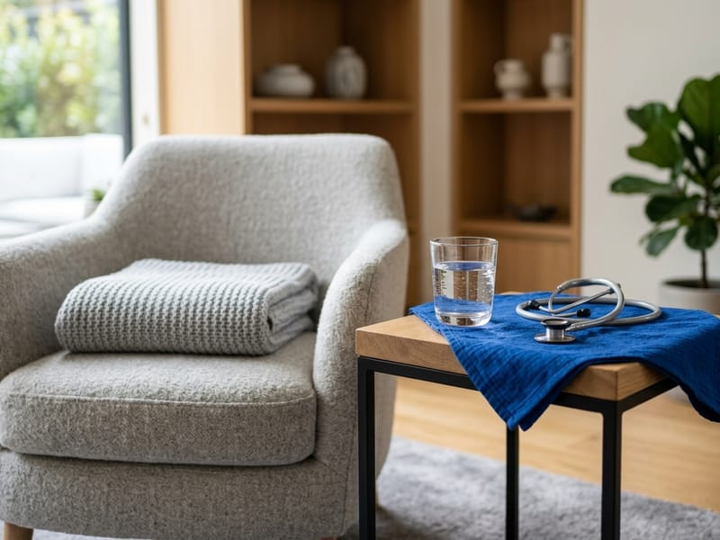 A calm modern living space with a soft armchair, folded blanket, and a stethoscope resting on a royal blue cloth.