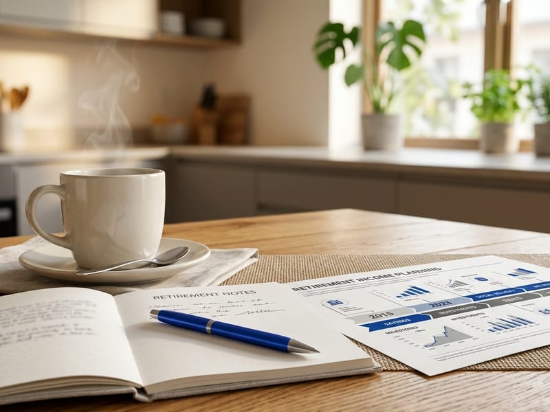 Retirement income timeline sketched beside a calculator and notebook