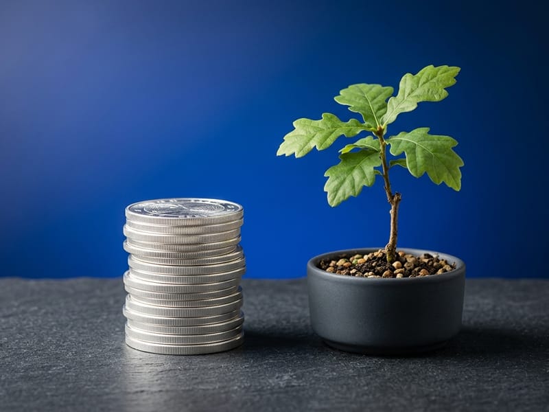 A stack of silver coins beside a small potted oak sapling on a charcoal surface with a royal blue background.