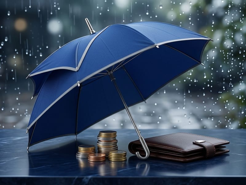 An elegant umbrella sheltering a small stack of coins and a leather wallet on a polished navy surface with soft rain in the background.