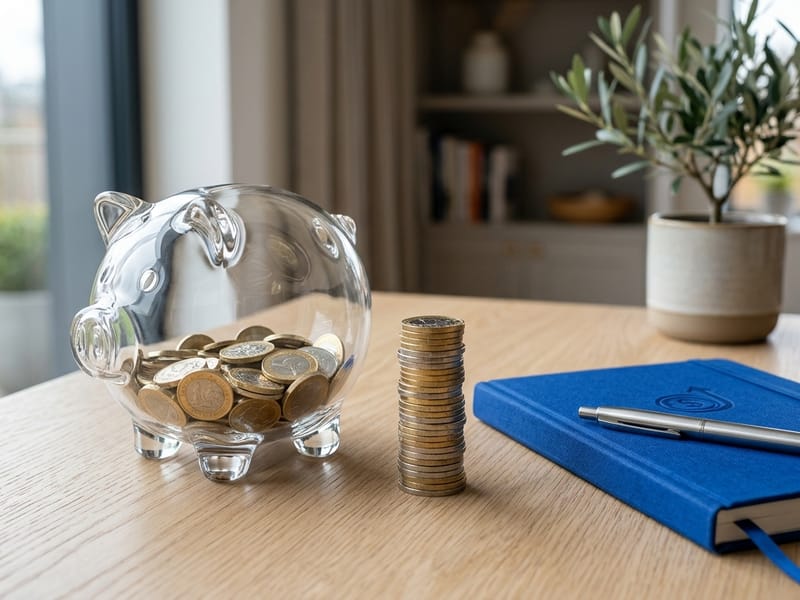 A polished glass piggy bank beside a stack of coins and a royal blue notebook on a light wood surface.