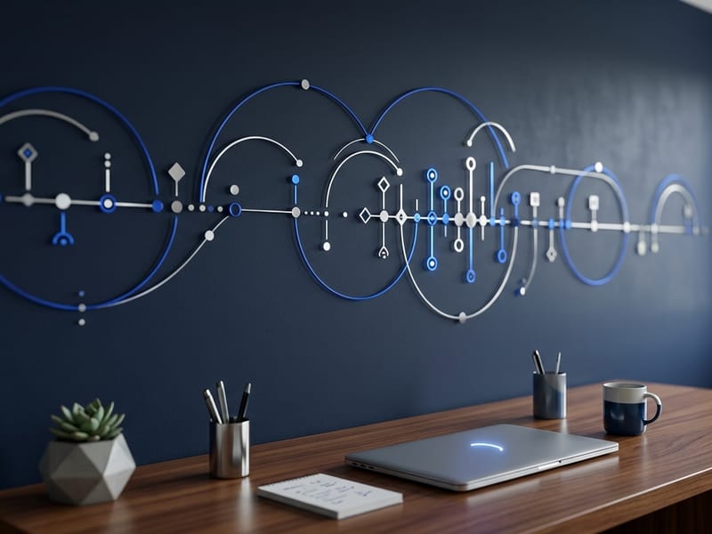 An abstract silver and royal blue timeline visualization with milestone markers on a navy wall above a polished desk.