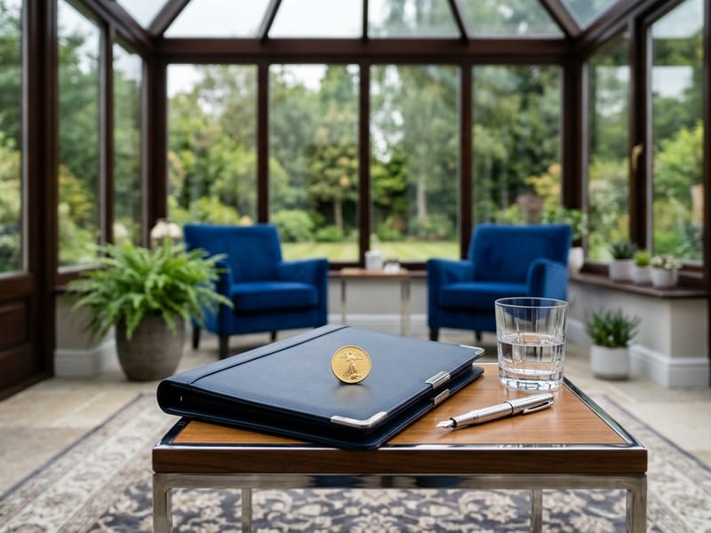 A bright sunroom with a small table holding a leather portfolio and a single gold coin.