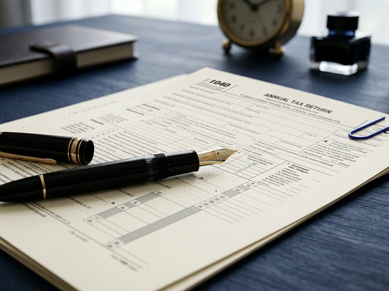 A fountain pen resting on a tax document with a royal blue paperclip on a deep navy desk.